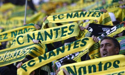 FILE - Nantes fans wait for the start of the French League One soccer match between Nantes and Reims at the Stade de la Beaujoire stadium in Nantes, France, Sunday, Nov. 5, 2023. Nantes coach Pierre Aristouy, who salvaged the eight-time French champion from relegation last season, was fired on Wednesday, Nov. 29, 2023. (AP Photo/Jeremias Gonzalez, File)