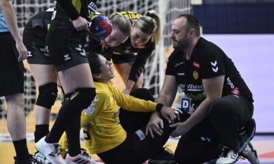 Montenegro goalkeeper Marta Batinovic is injured during the IHF Women's World Championship handball match between Montenegro and Croatia at Scandinavium Arena in Gothenburg, Sweden, Thursday Dec. 7, 2023. (Bjorn Larsson/TT News Agency via AP)