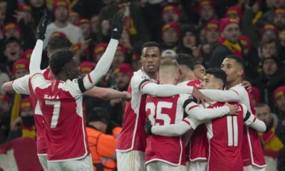 Arsenal's Kai Havertz celebrates with teammates after scoring his side's opening goal during the Champions League Group B soccer match between Arsenal and Lens, at Emirates stadium, in London, Wednesday, Nov. 29, 2023. (AP Photo/Kin Cheung)