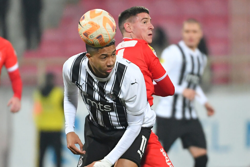 Mateuš Saldanja fudbaler Partizana na utakmici Superlige Prvenstva Srbije protiv Radnickog na Stadionu Cair, Nis 11.12.2023. godine Foto: Mladjan Ivanovic Fudbal, Partizan, Superliga Prvenstvo Srbije, Radnicki Nis