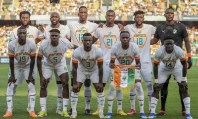Ivory Coast team poses for a group photo prior to the African Cup of Nations Group A soccer match between Ivory Coast and Equatorial Guinea at the Olympic Stadium of Ebimpe in Abidjan, Ivory Coast, Monday, Jan. 22, 2024. (AP Photo/Sunday Alamba)