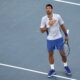 Novak Djokovic of Serbia reacts after defeating Taylor Fritz of the U.S. in their quarterfinal match at the Australian Open tennis championships at Melbourne Park, Melbourne, Australia, Tuesday, Jan. 23, 2024. (AP Photo/Alessandra Tarantino)