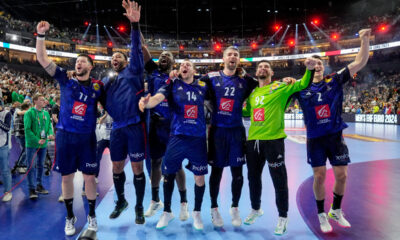 France's players celebrate after winning the Handball European Championship final match between France and Denmark in Cologne, Germany, Sunday, Jan. 28, 2024. (France's players celebrate after winning the Handball European Championship final match between France and Denmark in Cologne, Germany, Sunday, Jan. 28, 2024. (AP Photo/Martin Meissner)