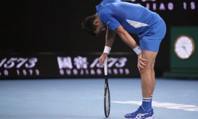 Serbia's Novak Djokovic reacts during his first round match against Croatia's Dino Prizmic at the Australian Open tennis championships at Melbourne Park, Melbourne, Australia, Sunday, Jan. 14, 2024. (AP Photo/Andy Wong)