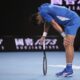 Serbia's Novak Djokovic reacts during his first round match against Croatia's Dino Prizmic at the Australian Open tennis championships at Melbourne Park, Melbourne, Australia, Sunday, Jan. 14, 2024. (AP Photo/Andy Wong)