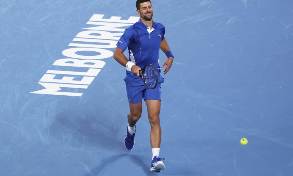 Novak Djokovic of Serbia reacts during his second round match against Alexei Popyrin of Australia at the Australian Open tennis championships at Melbourne Park, Melbourne, Australia, Wednesday, Jan. 17, 2024. (AP Photo/Asanka Brendon Ratnayake)