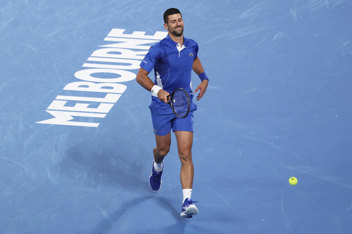 Novak Djokovic of Serbia reacts during his second round match against Alexei Popyrin of Australia at the Australian Open tennis championships at Melbourne Park, Melbourne, Australia, Wednesday, Jan. 17, 2024. (AP Photo/Asanka Brendon Ratnayake)