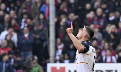 Lecce's Nikola Krstovic during the Italian Serie A soccer match between Genoa and Lecce at Luigi Ferraris stadium in Genova, Italy, Sunday, Jan. 28, 2024. (Tano Pecoraro/LaPresse via AP)