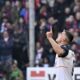 Lecce's Nikola Krstovic during the Italian Serie A soccer match between Genoa and Lecce at Luigi Ferraris stadium in Genova, Italy, Sunday, Jan. 28, 2024. (Tano Pecoraro/LaPresse via AP)