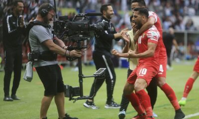 Jordan's Mousa Altamari celebrates after scoring his side's second goal during the Asian Cup round of 16 soccer match between Iraq and Jordan at Khalifa International Stadium in Doha, Qatar, Monday, Jan. 29, 2024. (AP Photo/Hussein Sayed)