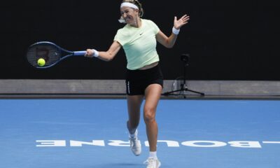 Victoria Azarenka of Belarus plays a forehand return during a practice session ahead of the Australian Open tennis championships at Melbourne Park, Melbourne, Australia, Saturday, Jan. 13, 2024. (AP Photo/Andy Wong)