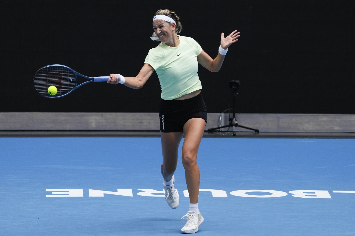 Victoria Azarenka of Belarus plays a forehand return during a practice session ahead of the Australian Open tennis championships at Melbourne Park, Melbourne, Australia, Saturday, Jan. 13, 2024. (AP Photo/Andy Wong)