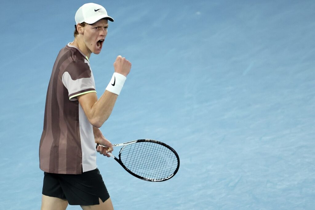 Jannik Sinner of Italy reacts after winning the second set against Andrey Rublev of Russia during their quarterfinal match at the Australian Open tennis championships at Melbourne Park, Melbourne, Australia, Wednesday, Jan. 24, 2024. (AP Photo/Asanka Brendon Ratnayake)