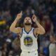 Golden State Warriors guard Stephen Curry reacts after scoring a 3-point basket against the Atlanta Hawks during the first half of an NBA basketball game, Wednesday, Jan. 24, 2024, in San Francisco. (AP Photo/Godofredo A. Vásquez)