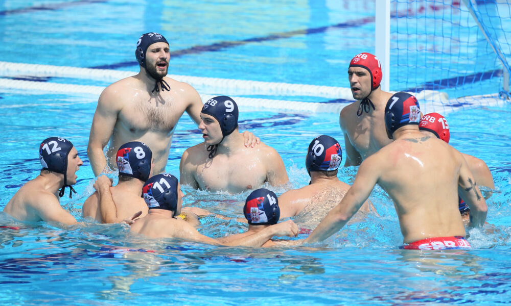 STEFAN MITROVIC, MILOS CUK, NIKOLA JAKSIC , GOJKO PIJETLOVIC golman EKIPA vaterpolista reprezentacije Srbije na utakmici polufinala FINA Svetske lige protiv Australije na bazenu Tasmajdan, Beograd, 22.06.2019. godine Foto: Marko Metlas Vaterpolo, Srbija, FINA Svetska liga, Australija