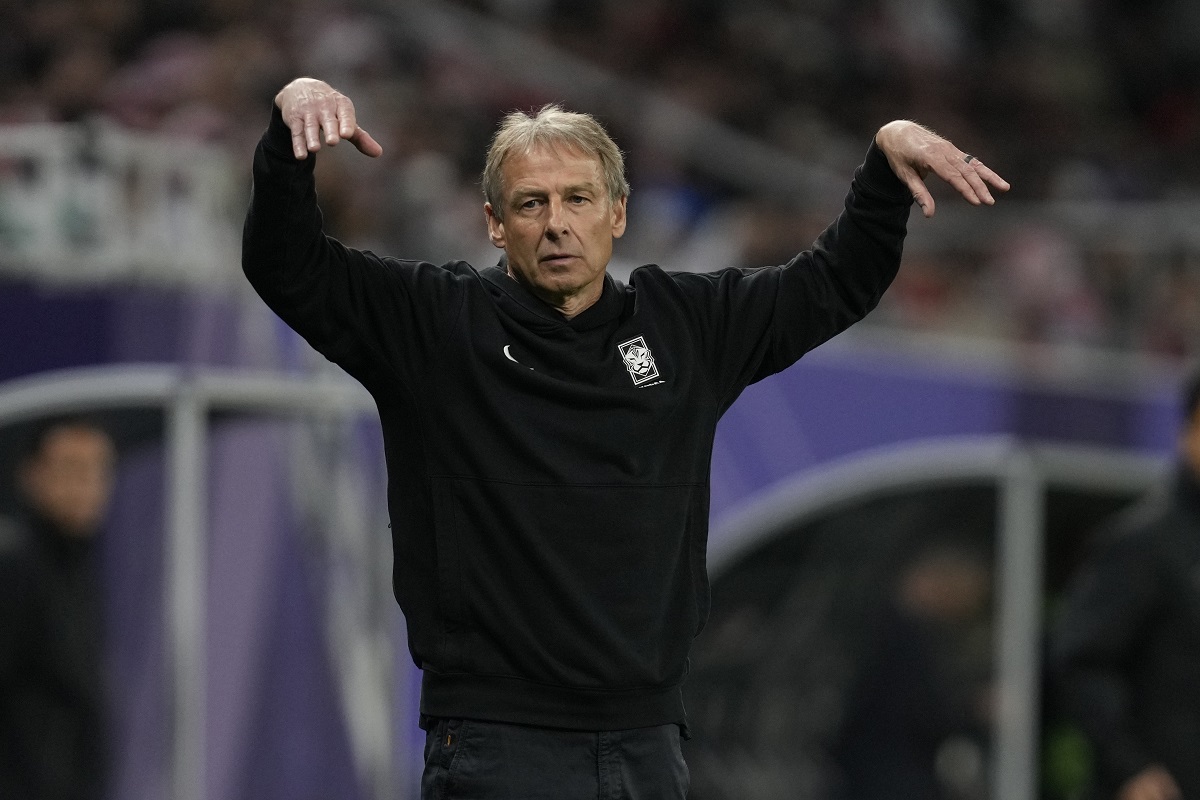 South Korea's head coach Jurgen Klinsmann reacts during the semi-final soccer match between Jordan and South Korea at Ahmad Bin Ali Stadium in Al Rayyan, Qatar, Tuesday, Feb. 6, 2024. (AP Photo/Thanassis Stavrakis)