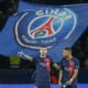 PSG's Kylian Mbappe, right, celebrates with PSG's Lucas Hernandez at the end of the Champions League round of 16 first leg soccer match between Paris Saint-Germain and Real Sociedad, at the Parc des Princes stadium in Paris, France, Wednesday, Feb. 14, 2024. (AP Photo/Christophe Ena)
