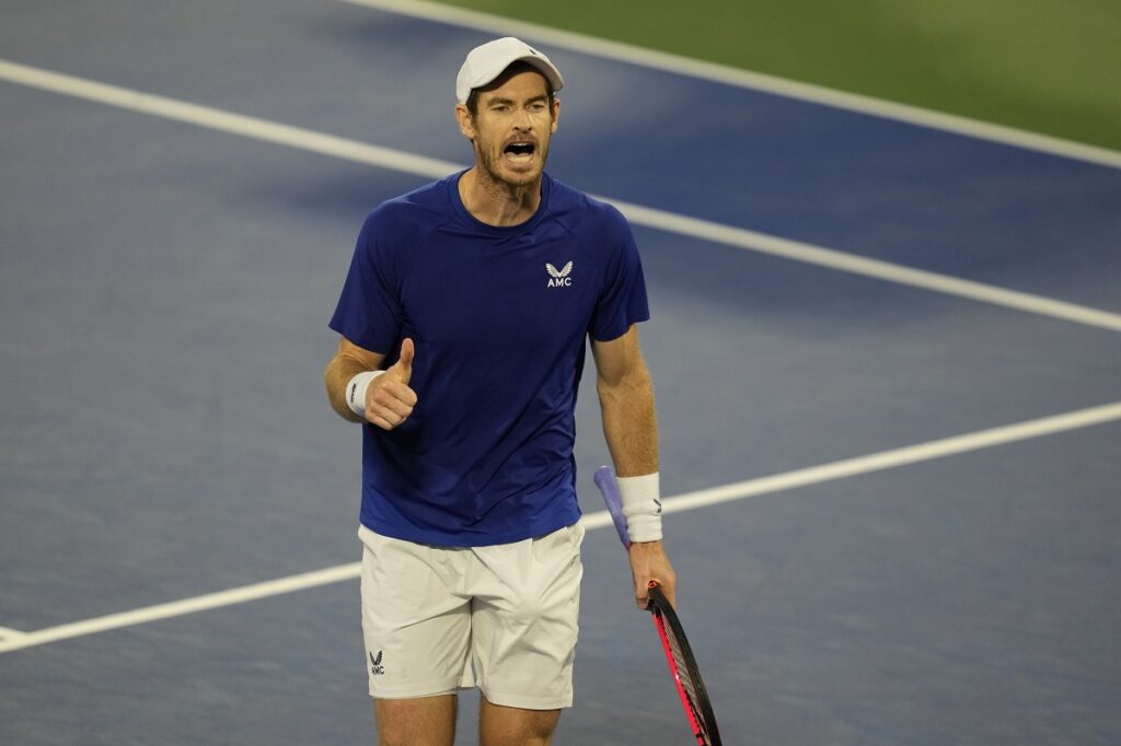 Andy Murray of Great Britain reacts after losing a ball to Denis Shapovalov of Canada during a match of the Dubai Duty Free Tennis Championships in Dubai, United Arab Emirates, Monday, Feb. 26, 2024. (AP Photo/Kamran Jebreili)