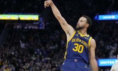 FILE - Golden State Warriors guard Stephen Curry (30) gestures during an NBA basketball game against the Oklahoma City Thunder in San Francisco, Saturday, Nov. 18, 2023. All-Star Saturday Night, Feb. 17, 2024, gets an event like never before: Sabrina Ionescu vs. Stephen Curry, in a 3-point battle of the sexes.(AP Photo/Jeff Chiu, File)