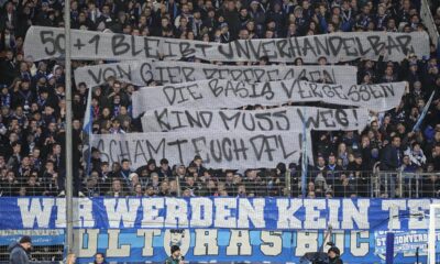 Bochum supporters protest against investors during the German Bundesliga soccer match between VfL Bochum and Union Berlin in Bochum, Germany, on Dec. 16, 2023. From Brazil to Spain to Australia and beyond, the soccer landscape is changing quickly with a surge of investment firms injecting billions into clubs and leagues around the world. After a wave of wealthy states, billionaires and oligarchs getting into the sport, now it’s time for investment groups to start making a push to leave their footprints and earn a profit. (AP Photo/Martin Meissner, File)