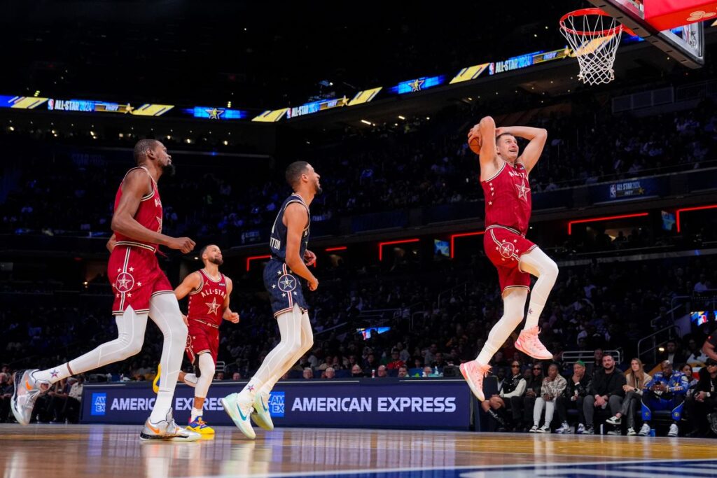 Denver Nuggets center Nikola Jokic (15) goes up for a shot during the first half of an NBA All-Star basketball game in Indianapolis, Sunday, Feb. 18, 2024. (AP Photo/Darron Cummings)