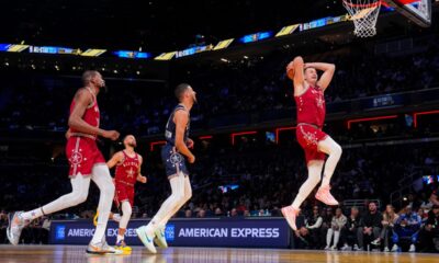Denver Nuggets center Nikola Jokic (15) goes up for a shot during the first half of an NBA All-Star basketball game in Indianapolis, Sunday, Feb. 18, 2024. (AP Photo/Darron Cummings)