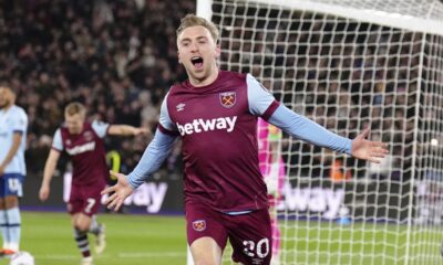 West Ham United's Jarrod Bowen celebrates scoring his side's second goal of the game during the English Premier League soccer match between West Ham United and Brentford at the London Stadium, London, Monday Feb. 26, 2024. (John Walton/PA via AP)