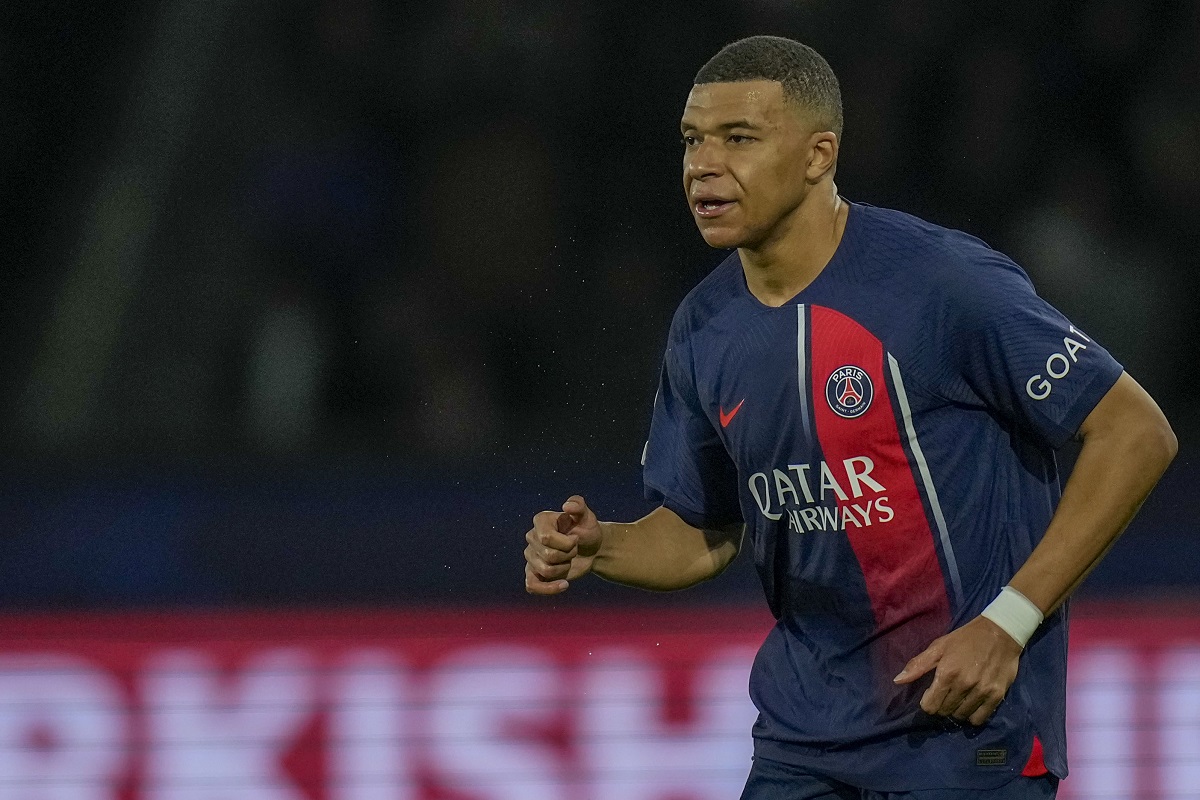 PSG's Kylian Mbappe runs during the Champions League round of 16 first leg soccer match between Paris Saint-Germain and Real Sociedad, at the Parc des Princes stadium in Paris, France, Wednesday, Feb. 14, 2024. (AP Photo/Christophe Ena)