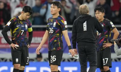 South Korea players are dejected after the Asian Cup semifinal soccer match between South Korea and Jordan at Ahmad Bin Ali Stadium in Al Rayyan, Qatar, Tuesday, Feb. 6, 2024. Jordan won 2-0. (AP Photo/Aijaz Rahi)