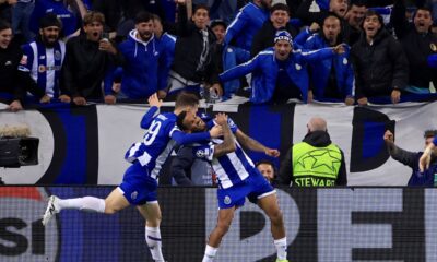 Porto's Galeno, right, celebrates after scoring the opening goal during a Champions League round of 16 soccer match between FC Porto and Arsenal at the Dragao stadium in Porto, Portugal, Wednesday, Feb. 21, 2024. (AP Photo/Luis Vieira)