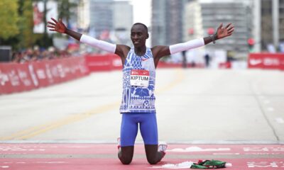 FILE - Kelvin Kiptum celebrates his Chicago Marathon world record victory in Chicago's Grant Park on Sunday, Oct. 8, 2023. Kiptum was killed along with his coach in a car crash in Kenya late Sunday, Feb. 11, 2024. (Eileen T. Meslar /Chicago Tribune via AP)