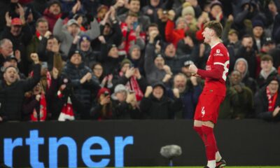 Liverpool's Conor Bradley celebrates after scoring his side's second goal during the English Premier League soccer match between Liverpool and Chelsea, at Anfield Stadium, Liverpool, England, Wednesday, Jan.31, 2024. (AP Photo/Jon Super)