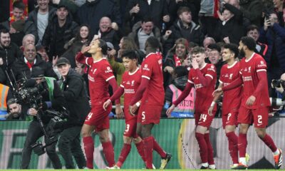 Liverpool's Virgil van Dijk, left, celebrates scoring a goal that was disallowed during the English League Cup final soccer match between Chelsea and Liverpool at Wembley Stadium in London, Sunday, Feb. 25, 2024.(AP Photo/Dave Shopland)