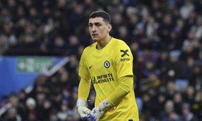 Chelsea's goalkeeper Djordje Petrovic reacts during the English FA Cup fourth round soccer match between Aston Villa and Chelsea at the Villa Park Stadium in Birmingham, England, Wednesday, Feb. 7, 2024. (AP Photo/Rui Vieira)