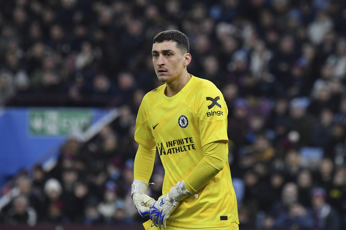 Chelsea's goalkeeper Djordje Petrovic reacts during the English FA Cup fourth round soccer match between Aston Villa and Chelsea at the Villa Park Stadium in Birmingham, England, Wednesday, Feb. 7, 2024. (AP Photo/Rui Vieira)