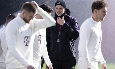 Bayern's head coach Thomas Tuchel, centre, attends a training session ahead of the Champions League round of 16 first leg soccer match, in Munich, Germany, Tuesday, Feb. 13, 2024. Bayern Munich will face Lazio in Rome on Wednesday. (Sven Hoppe/dpa via AP)