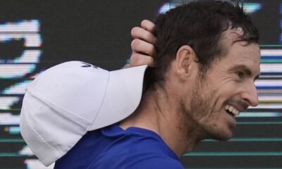 Andy Murray of Great Britain reacts after losing a ball to Denis Shapovalov of Canada during a match of the Dubai Duty Free Tennis Championships in Dubai, United Arab Emirates, Monday, Feb. 26, 2024. (AP Photo/Kamran Jebreili)