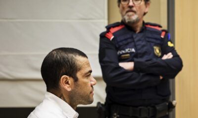 FILE - Brazilian soccer star Dani Alves sits during his trial in Barcelona, Spain, Monday, Feb. 5, 2024. Alves has been found guilty on Thursday Feb. 22, 2024 of sexually assaulting a young woman in a Barcelona nightclub. A three-judge panel sentenced Alves on Thursday to four years and six months. The 40-year-old Alves denied any wrongdoing during a trial that took place over three days this month. The decision can be appealed. (Jordi Borras/Pool Photo via AP, File)