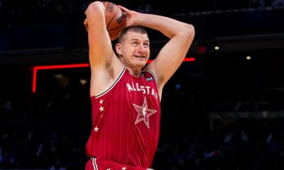 Denver Nuggets center Nikola Jokic (15) goes up for a shot during the first half of an NBA All-Star basketball game in Indianapolis, Sunday, Feb. 18, 2024. (AP Photo/Darron Cummings)