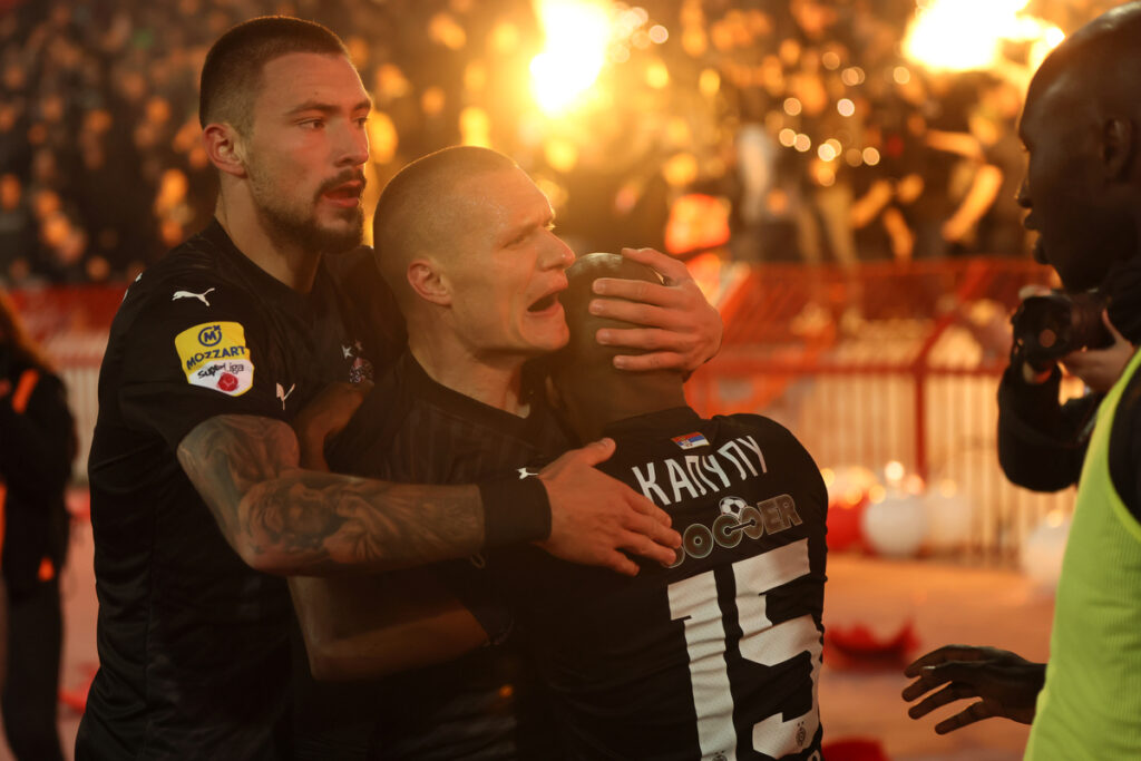 fudbaleri Partizana na utakmici Mocart Superlige protiv Crvene zvezde, na stadionu Rajko Mitic, Beograd, 09.03.2024. foto: Marko Metlas Fudbal, 172. derbi, Partizan, Crvena zvezda, derbi, Superliga