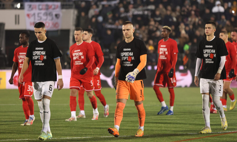 SVETOZAR MARKOVIC, ALEKSANDAR JOVANOVIC golman, MIHAILO ILIC fudbaleri Partizana na utakmici Superlige Prvenstva Srbije protiv Crvene zvezde na stadionu Partizana, Beograd, 20.12.2023. godine Foto: Marko Metlas Fudbal, Crvena zvezda, Superliga Prvenstvo Srbije, Partizan