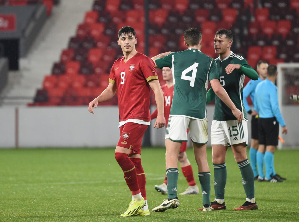 MARKO LAZETIC, mladi fudbaler Srbije U21, na utakmici kvalifikacija za Evropsko prvenstvo protiv Severne Irske, na stadionu Dubocica. Leskovac, 26.03.2024. foto: Nebojsa Parausic Fudbal, U21, Srbija, Severna Irska