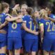 Chelsea's players celebrate after Sjoeke Nuksen, unseen, scored her side's third goal during the Women's Champions League quarterfinal soccer match between Ajax and Chelsea at the Johan Cruyff ArenA, in Amsterdam, Netherlands, Tuesday, March 19, 2024. (AP Photo/Peter Dejong)