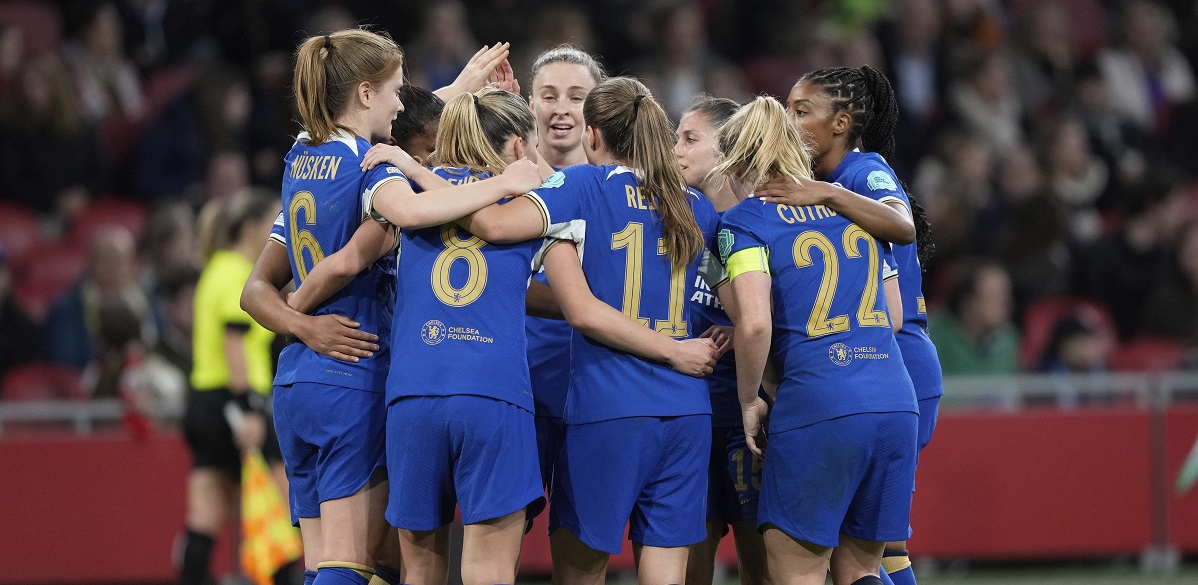 Chelsea's players celebrate after Sjoeke Nuksen, unseen, scored her side's third goal during the Women's Champions League quarterfinal soccer match between Ajax and Chelsea at the Johan Cruyff ArenA, in Amsterdam, Netherlands, Tuesday, March 19, 2024. (AP Photo/Peter Dejong)