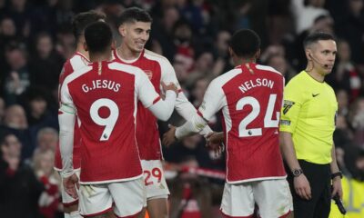 Arsenal's Kai Havertz, centre, celebrates with teammates after the English Premier League soccer match between Arsenal and Brentford at the Emirates Stadium in London, England, Saturday, March 9, 2024. (AP Photo/Frank Augstein)