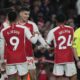 Arsenal's Kai Havertz, centre, celebrates with teammates after the English Premier League soccer match between Arsenal and Brentford at the Emirates Stadium in London, England, Saturday, March 9, 2024. (AP Photo/Frank Augstein)