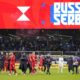 Russia players celebrate their victory at the international friendly soccer match between Russia and Serbia at the Central Dynamo Stadium of Lev Yashin in Moscow, Russia, Thursday, March 21, 2024. (AP Photo/Alexander Zemlianichenko)