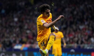 Barcelona's Joao Felix attempts a shot at goal during the La Liga soccer match between Atletico Madrid and Barcelona at the Metropolitano stadium in Madrid, Spain, Sunday, March 17, 2024. (AP Photo/Bernat Armangue)