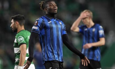 Atalanta's El Bilal Toure reacts during the Europa League round of sixteen, first leg, soccer match between Sporting CP and Atalanta at the Alvalade stadium in Lisbon, Wednesday, March 6, 2024. (AP Photo/Armando Franca)
