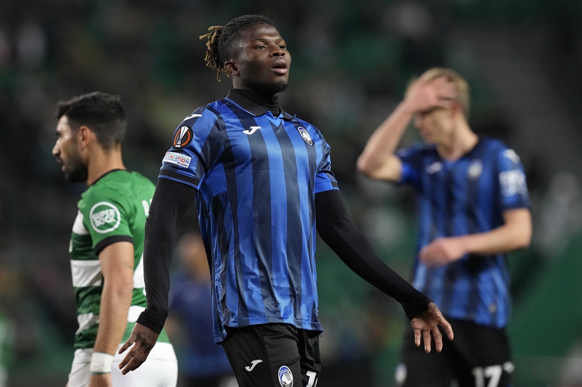 Atalanta's El Bilal Toure reacts during the Europa League round of sixteen, first leg, soccer match between Sporting CP and Atalanta at the Alvalade stadium in Lisbon, Wednesday, March 6, 2024. (AP Photo/Armando Franca)